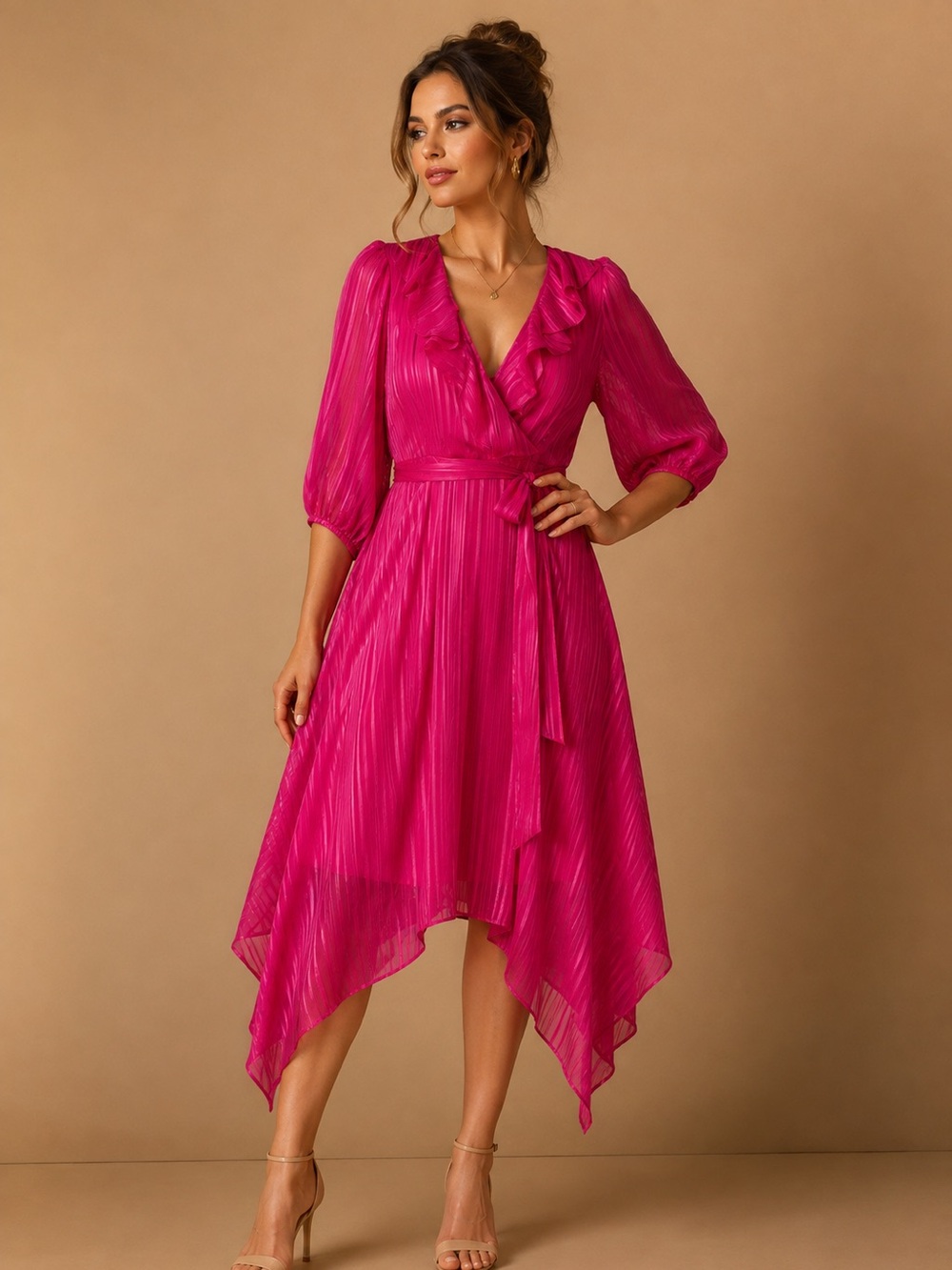 Maison Tara Satin Pink Ruffle Collar Striped Faux Wrap Dress NWOT Size 8
